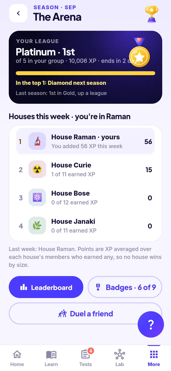 The Arena: the student's league and place in their group, this week's houses, and buttons for the leaderboard, badges and a duel.