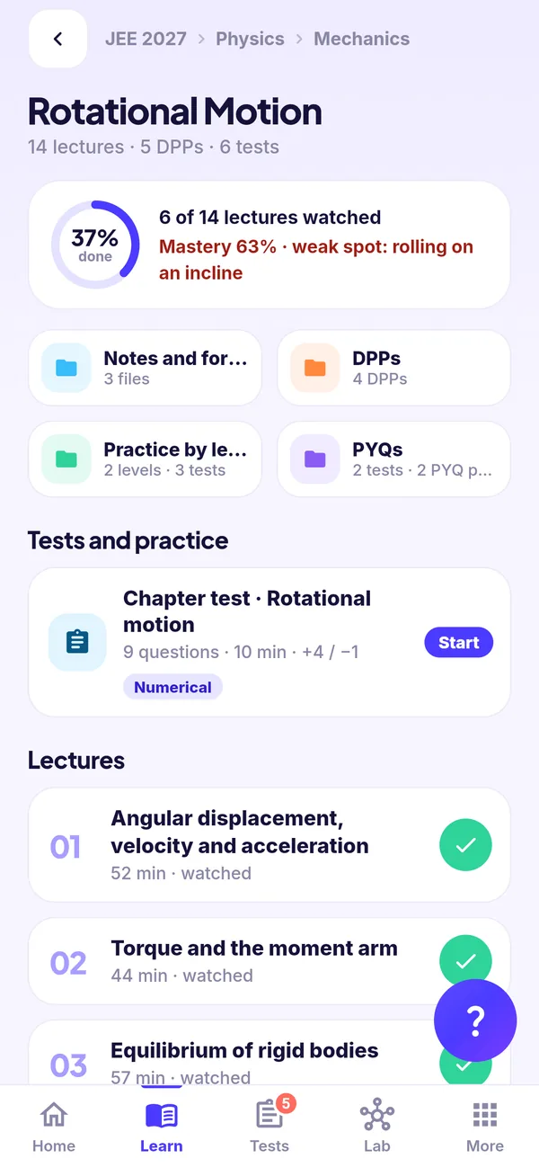 A chapter in the course tree, JEE 2027 to Physics to Mechanics to Rotational Motion: progress, mastery and weak spot, folders, a chapter test and lectures.