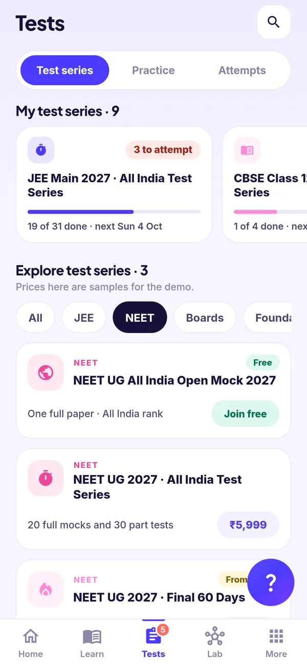 The Tests tab filtered to NEET: an open all-India mock to join and NEET test series on offer, above the student's own series.