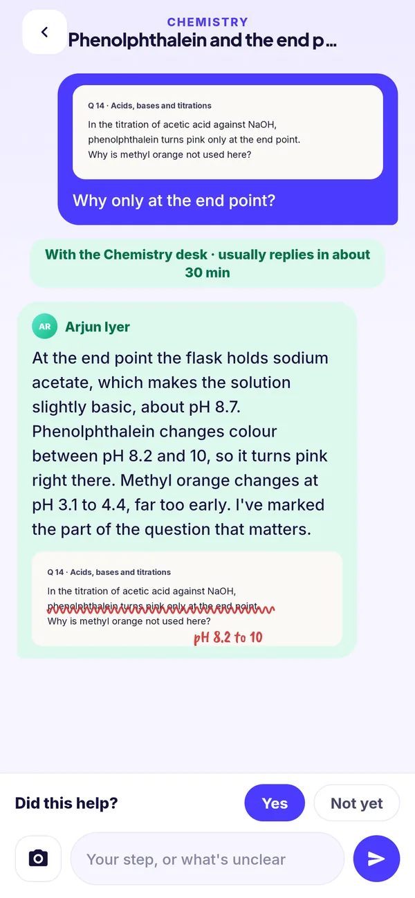 A chemistry doubt: the student's photo of the question and a mentor's answer, with the photo marked up in red.