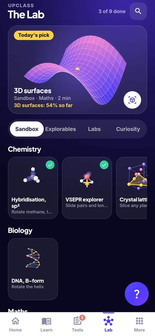 The Lab: today's pick, a 3D saddle surface, and models to explore such as hybridisation, VSEPR, crystal lattices and DNA.