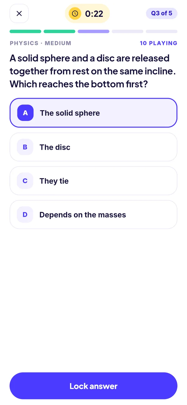 A timed quiz question: which reaches the bottom of an incline first, a solid sphere or a disc, with four options to lock in.