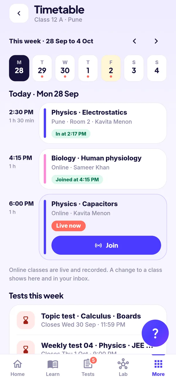 The week's timetable: today's classes with rooms, teachers and check-in times, a live class to join, and the week's tests.
