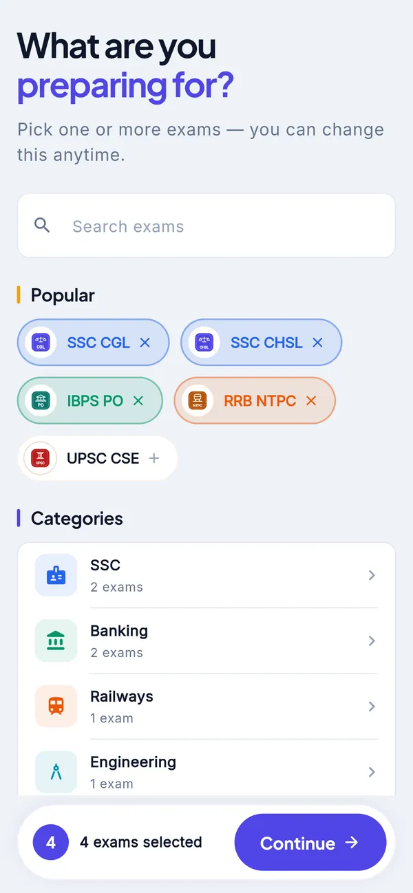 Choosing exams in the app: popular exams to pick from and categories such as SSC, Banking, Railways and Engineering, with four exams selected.