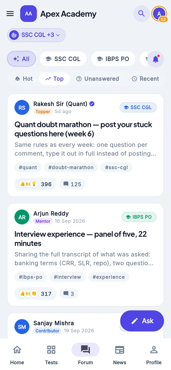 The doubt forum, sorted by Hot, Top, Unanswered or Recent: a verified faculty member's post with its tags, reactions and replies, posts from a Mentor and a Contributor, and the Ask button.
