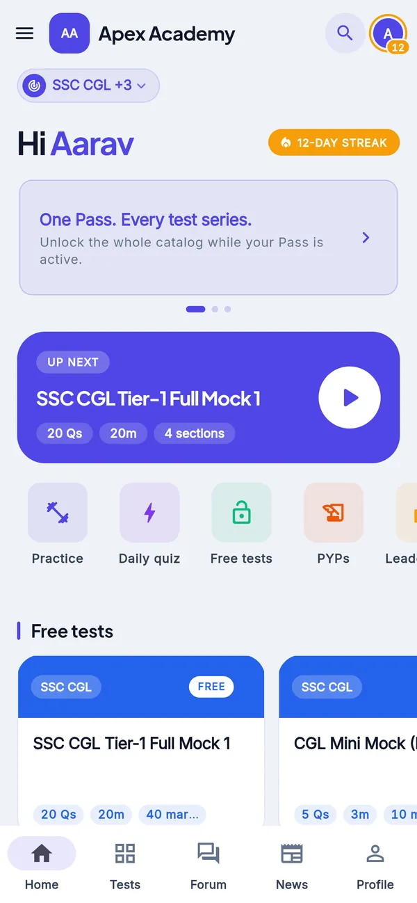 The app's home screen under the institute's own name, Apex Academy: a pass banner, the next mock test to take, shortcuts and free tests.