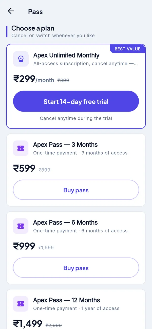 Choosing a pass: an all-access plan with a free trial, and passes for three, six and twelve months, with the demo's sample prices.