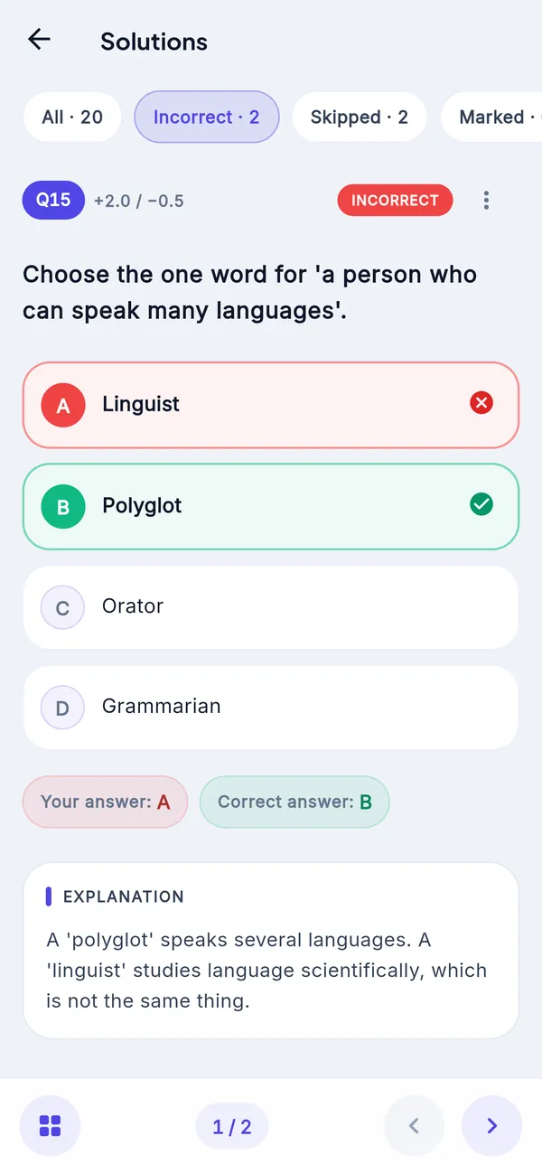 Solutions filtered to incorrect answers: the student's option marked wrong, the correct one marked right, and the explanation.